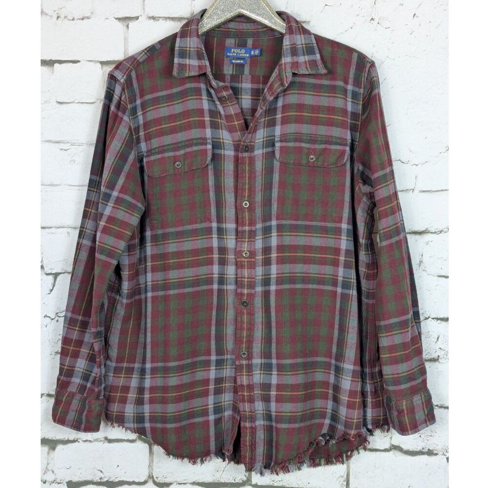 POLO RALPH LAUREN Brushed Cotton Flannel Plaid Shirt Raw Hem Relaxed Fit XL